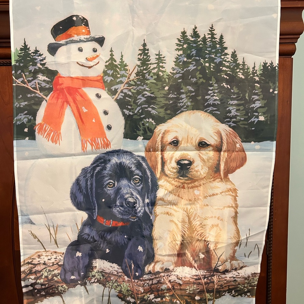 Winter Puppies (Labrador retrievers ) with Snowman House Flag 2 ft by 4 ft